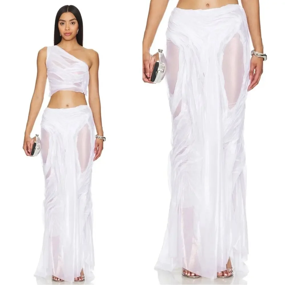 DI PETSA Long Sheer Wet Look High low Draped White Iridescent Maxi Skirt Sz L - Picture 1 of 8